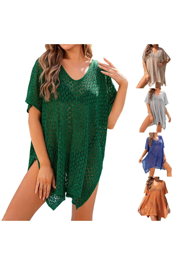 Womens Beach Cover Up Solid Color Short Sleeve Free Size Crochet Swimsuit Coverup Casual Loose V Neck Cover Ups for Swimwear Women