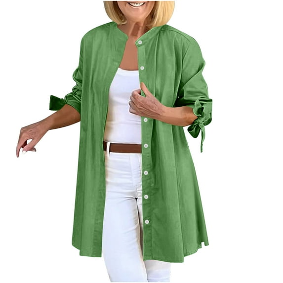 Tqyyweavej Womens Button Down Shirts Plus Size Long Sleeve Cotton Tops Solid Color Casual Blouses Loose Fit Long Shirt S-3XL