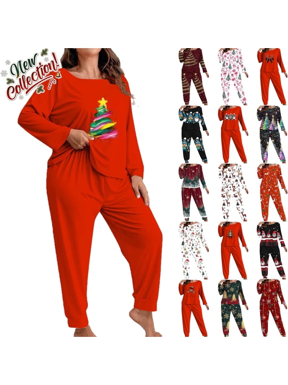 Womens Christmas Pajama Set 2 Piece Oversized Long Sleeve Xmas Graphic Sleepwear and Pjs Tapered Pants, Lounge Sets for Women