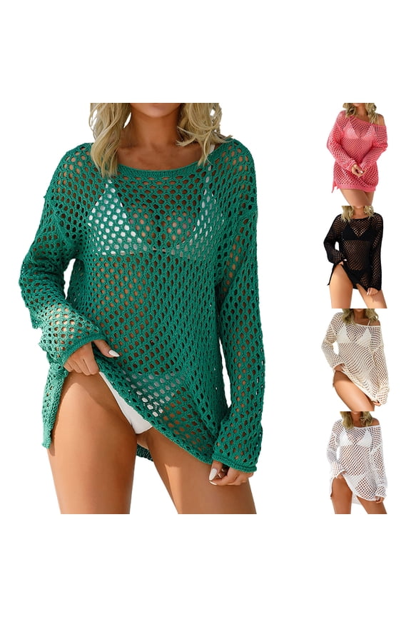 Womens Crochet Beach Cover Up Long Sleeve Solid Color Loose Swim Cover Up Casual Free Size Crew Neck Swimsuit Coverup for Women