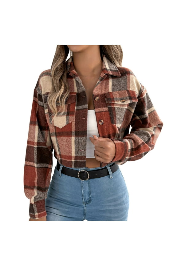 Womens Cropped Jacket Long Sleeve Button Down Outwear Collared Plaid Casual Trendy Jackets with Pockets