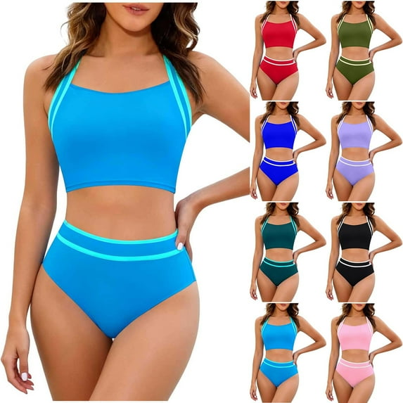 Tqyyweavej Womens Halter Tankini Swimsuits Stripe Scoop Neck Tight Swimwear Tops and High Wasited Slim Color Block Swim Bottoms S-2XL
