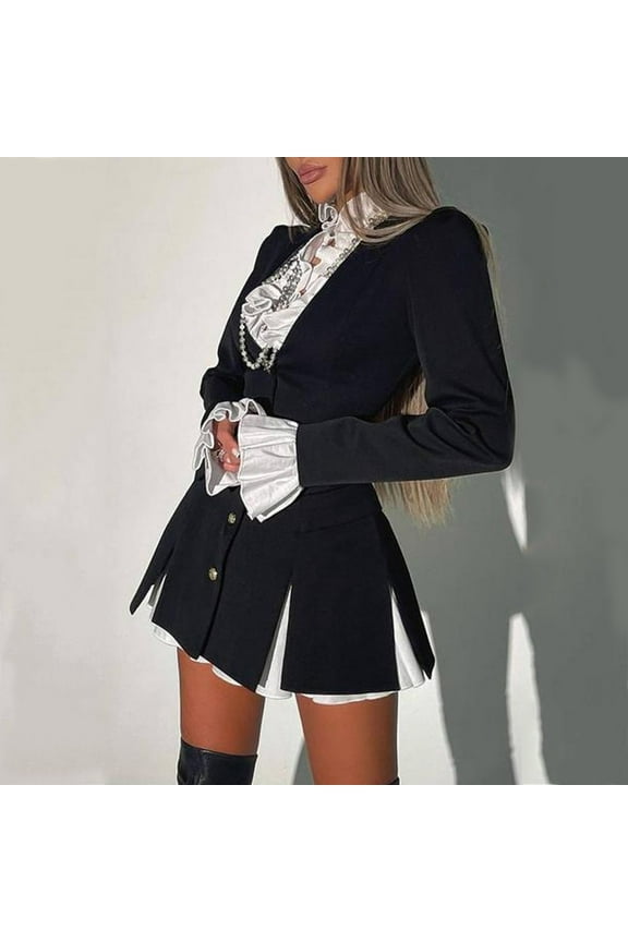 Womens Jazz Uniform Lace V-Neck Suit Dress, Ladies Long Sleeve Stage Medival Dresses Medieval Costume High Waist Skirts