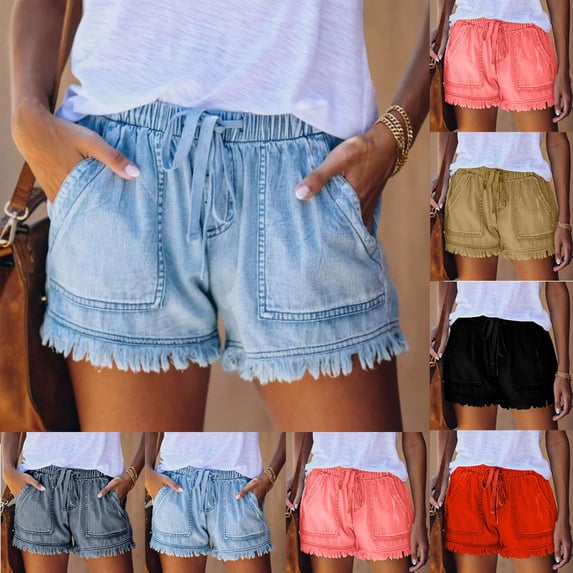 Tqyyweavej Womens Lightweight Jeans Shorts Frayed Hem Drawstring Solid Color Hot Pants Elastic Waist Lounge Denim Shorts with Pockets