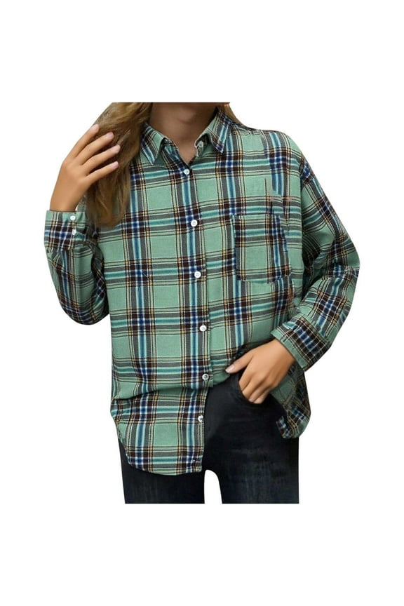 Womens Long Sleeve Plaid Shirts Classic Flannel Collared Button Down Shackets Casual Rolled Up Collared Shirt Tops