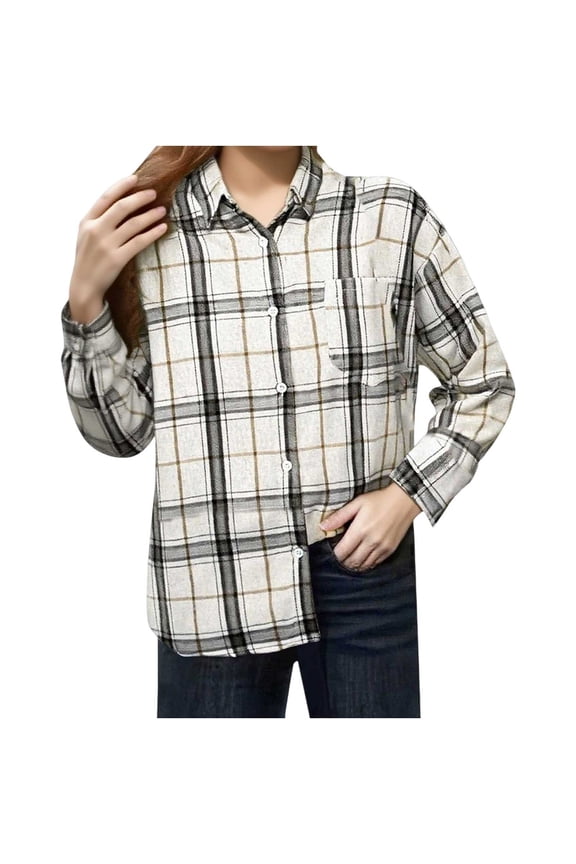 Womens Long Sleeve Plaid Shirts Vintage Button Down Roll Up Flannel Shirt Blouses Lightweight Fall Blouses Top with Pocket