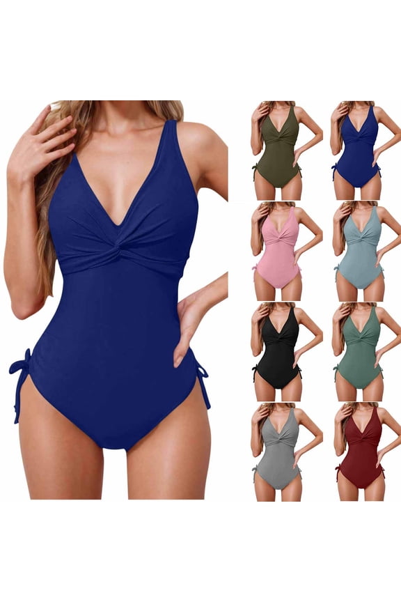 Womens One Piece Swim Suits Tie Knot Tummy Control Deep V Neck Pleated Swimwear Side Tie Tight Solid Color Beach Suits