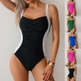 thumbnail image 1 of Tqyyweavej Womens One Piece Swimsuit Pleated Strap Solid Color V Neck Bathing Suits Tummty Control Stripe Tight Swimwear S-2XL, 1 of 8