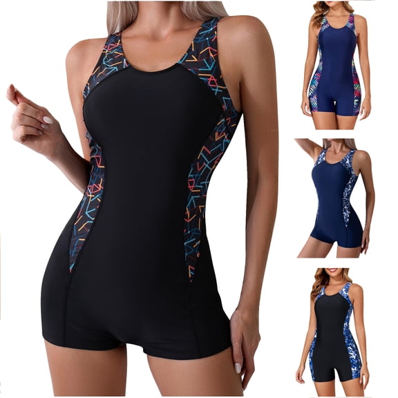Tqyyweavej Womens One Piece Swimsuit Tummy Control Strap Solid Color Backless Beach Suits Print Tight Crew Neck Sleeveless Swimwear