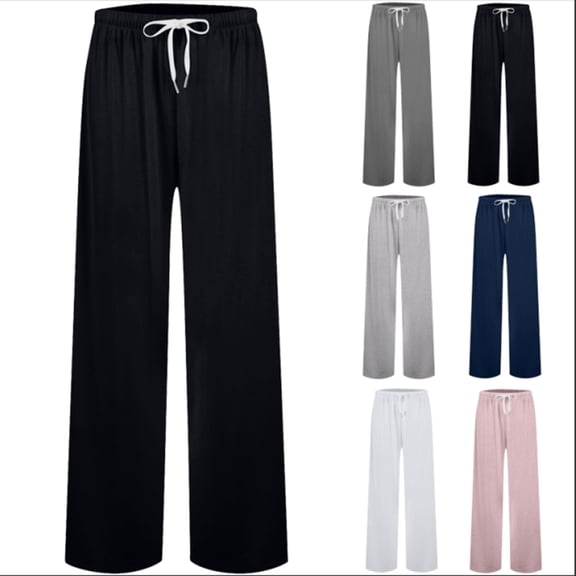 Tqyyweavej Womens Pants Solid Color Wide Leg Stretchy Athletic Trousers Straight Leg Lounge Drawstring Pants with Pockets Size XS to XL