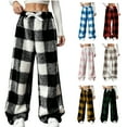 thumbnail image 1 of Tqyyweavej Womens Plaid Fluffy Pajama Pants Drawstring Wide Leg Color Block Trousers Fuzzy Plush Casual Pj Pants with Pockets S-XL, 1 of 7