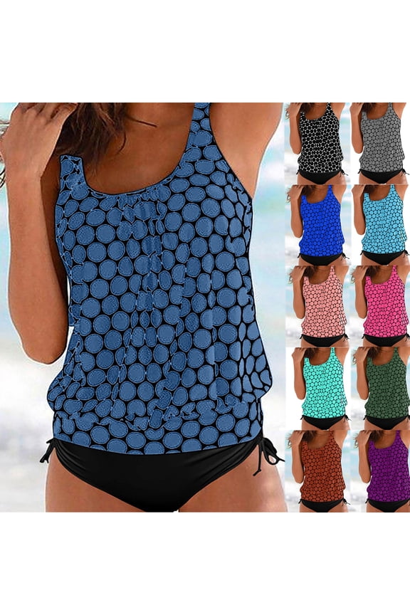 Womens Plus Tankini Swimsuit Straps Square Neck Sleeveless Print Swimwear Tops and Side Tied High Waisted Black Swim Bottoms