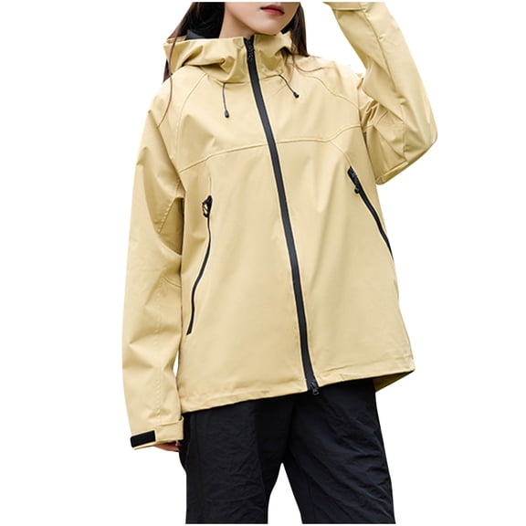 Tqyyweavej Womens Rain Jackets Waterproof Long Sleeve Lightweight Raincoat Zip Up Coat Outdoor Sportswear Mountaineering Clothes Hooded Drawstring Windbreaker