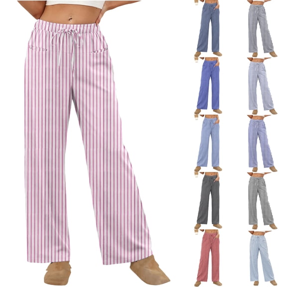 Tqyyweavej Womens Striped Pajama Pants Color Block Drawstring Wide Leg Loose Trousers Straight Leg Casual Pj Pants with Pockets Size S to 2XL