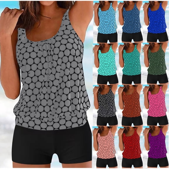 Tqyyweavej Womens Tankini Swimsuit Sets Straps Print Square Neck Sleeveless Bathing Suits Tops and Black High Waisted Swim Pants M-2XL