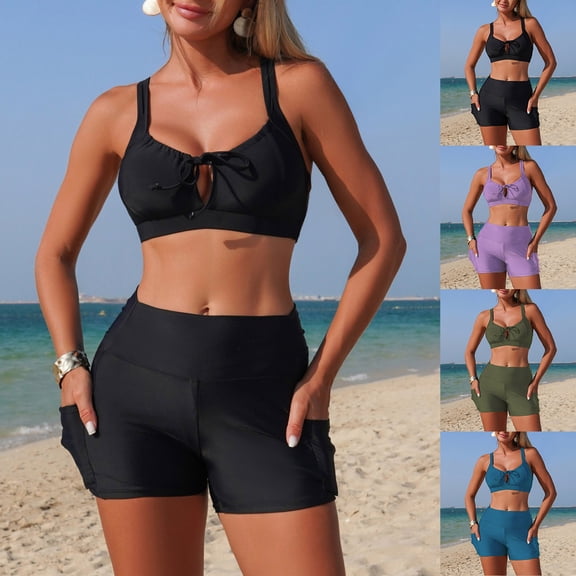 Tqyyweavej Womens Tankini Swimsuits Cutout String Strap V Neck Beach Tops and Tummy Control Tight Bathing Board Shorts with Pockets
