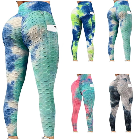 Tqyyweavej Womens Tie Dye Yoga Pants High Waist Butt Lifting Anti Cellulite Tights Tummy Control Slimming Booty Textured Leggings for Women