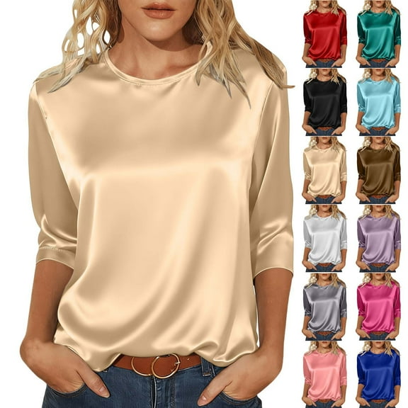 Tqyyweavej Womens Tops Satin Silk T-shirts Solid Color Casual Crew Neck Loose 3/4 Length Sleeve Shirts Gifts for Women Size S to 2XL