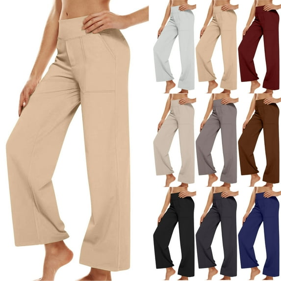 Tqyyweavej Womens Wide Leg Pants Tummy Control Stretch Fitness Dress Trousers Solid Color Workout Casual Yoga Pants with Pockets Size S to 2XL