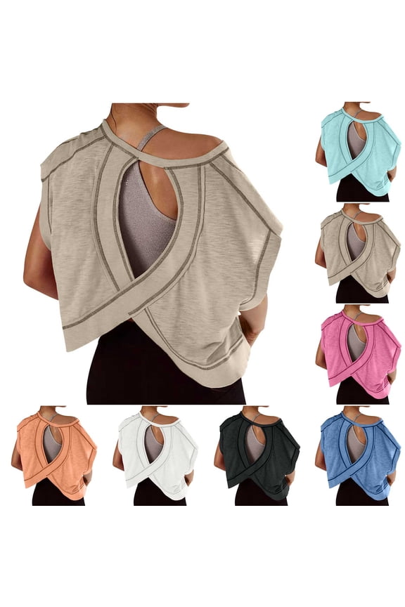 Workout Tops for Women Open Back Striped Short Sleeve Blouses Cutout Solid Color Loose Crop Tops for Gym Running S-2XL