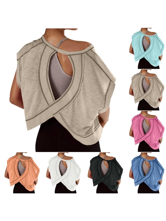 Workout Tops for Women Open Back Striped Short Sleeve Blouses Cutout Solid Color Loose Crop Tops for Gym Running S-2XL