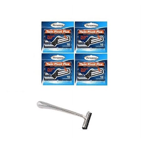 Trac II Chrome Handle + Personna Twin Pivot Plus Razor Cartridges w/ Lubricating Strip for Atra & Trac II Razors 10 ct. (Pack of 4) + LA Cross Blemish Remover 74851