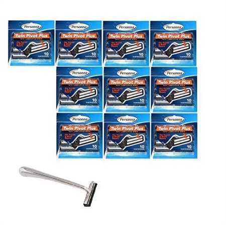 Trac II Chrome Handle + Personna Twin Pivot Plus Razor Cartridges w/ Lubricating Strip for Atra & Trac II Razors 10 ct. (Pack of 10) + Eyebrow Ruler