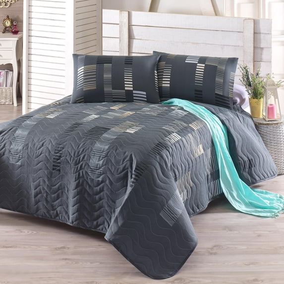 Trace Anthracite Full/Queen Size Bedspread/Coverlet Set – 3 Piece Quilt Set with Pillowcases, All-Season Lightweight, Digitally Printed Design, 65% Cotton, Made in Turkey – Soft, Durable,