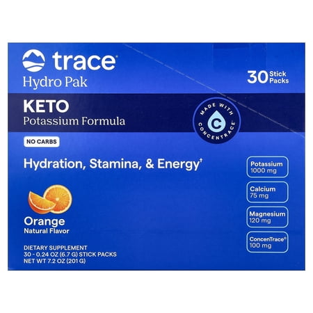 Trace Minerals Hydro Pak Keto Electrolyte, Orange, 30 ct, 70+ ionic trace minerals, 1,000 mg potassium per pack, Zero sugar and low sodium, Mix 1 stick in 8-16 oz water, Sugar Free