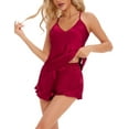thumbnail image 1 of Trace Kasa Women Silk Satin Pajamas Set: 2 Pcs Silk Pjs Cami Ruffle Shorts Set Sleepwear Satin Lingerie Shorts Sets Nightwear Sexy Silky Camisole Pjs Set for Woman, Wine Red S, 1 of 7