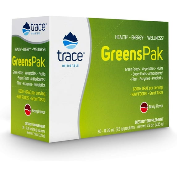 Trace Minerals | Greens Pak | Powder Drink Mix Dietary Supplement for Adults and Kids | 50+ Super Foods, Raw Vegetables, Antioxidants, Fiber, Enzymes, Probiotics | Natural Berry Flavor | 60 Packets