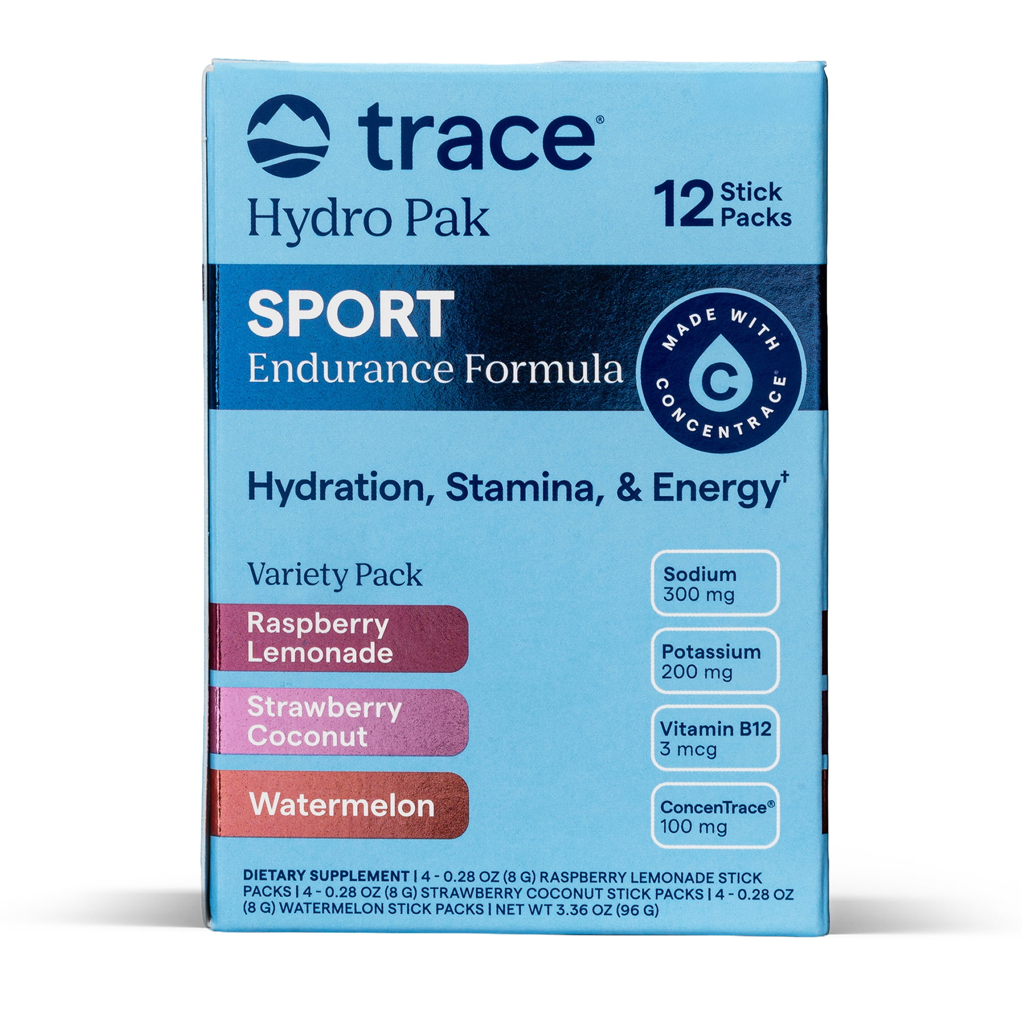 Trace Minerals Hydro Pak Sport Drink Mix Variety Pack, Raspberry Lemonade, Strawberry Coconut and Watermelon