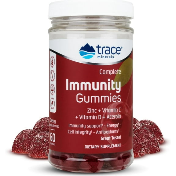 Trace Minerals | Complete Immunity Gummies with Vitamin C, D, Zinc and Acerola | Cherry, 60 Gummies