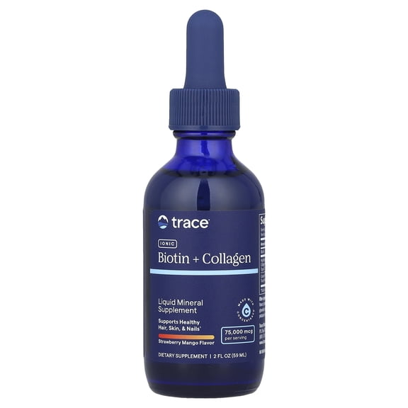 Trace Minerals Ionic Biotin + Collagen Supplement, 75,000mcg, 2 oz, Vitamin B7 biotin formula, Supports hair, skin, and nails, ConcenTrace ionic trace minerals, 2 mL daily serving, Sugar free