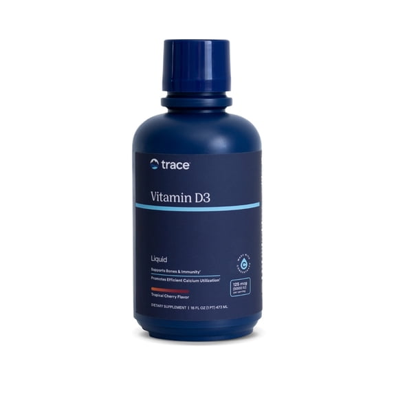 Trace Minerals Liquid Vitamin D3, Tropical Cherry, 16 fl oz, 5000 IU, Cholecalciferol, Ionic trace minerals, Supports bone and immune health, Vegetarian and dye-free, 1 tbsp daily