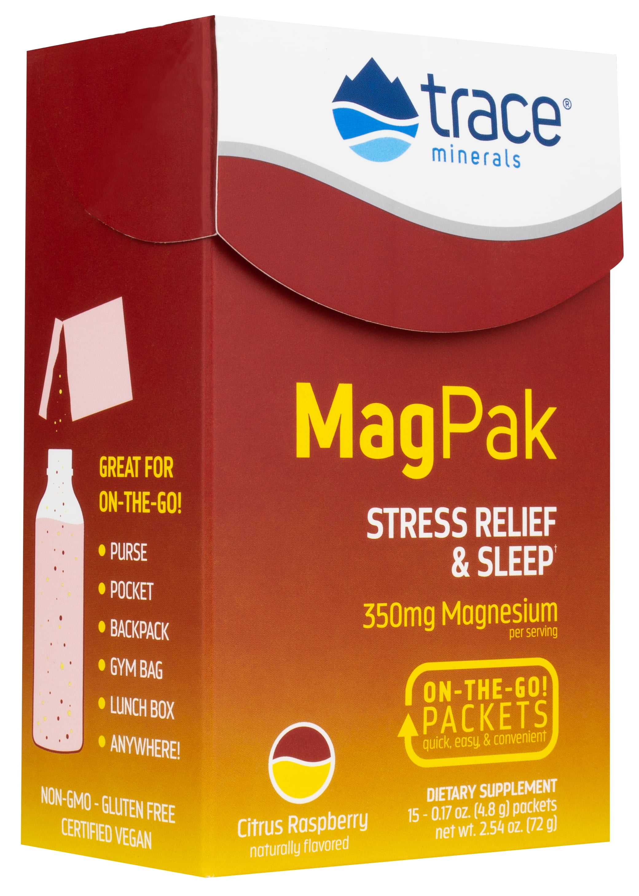 Trace Minerals | Mag Pak (350 mg Magnesium) | Dietary Supplement | Certified Vegan, Non-GMO, Gluten Free, Dairy Free | Citrus Raspberry | 1 Box of 15 Packets