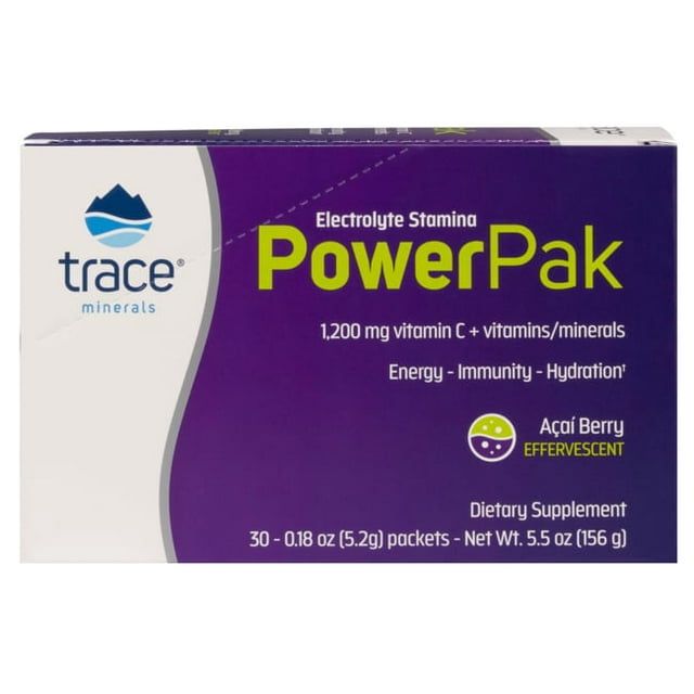 Trace Minerals | Power Pak Electrolyte Powder Packets | 1200mg Vit C | Acai Berry | 156g 30 Packets