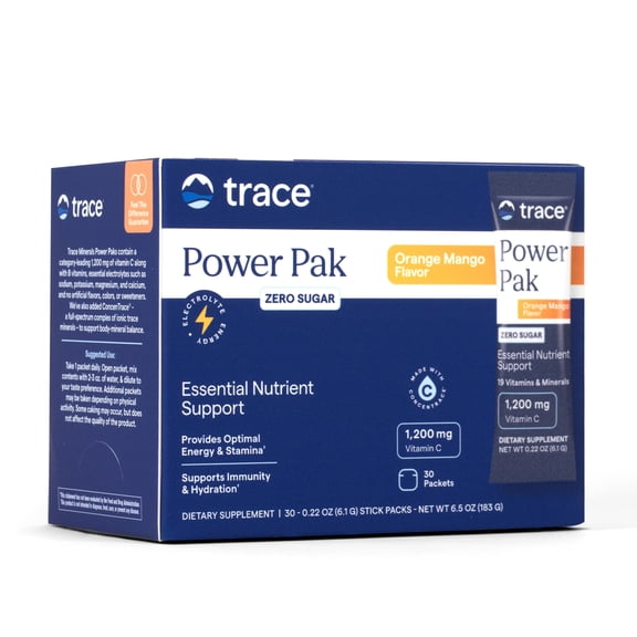 Trace Minerals Power Pak Energy Drink Mix, Orange Mango, 30 Ct, 1,200 mg vitamin C with zinc and magnesium. Promotes immunity, energy, and hydration. No artificial dyes.