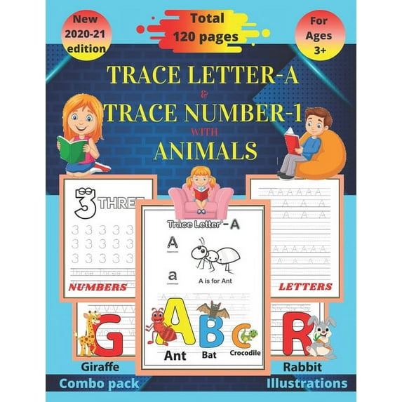 Trace letter-A & Trace number-1 with animals: Kindergarten handwriting workbook(alphabet activity book, letter tracing b, (Paperback)