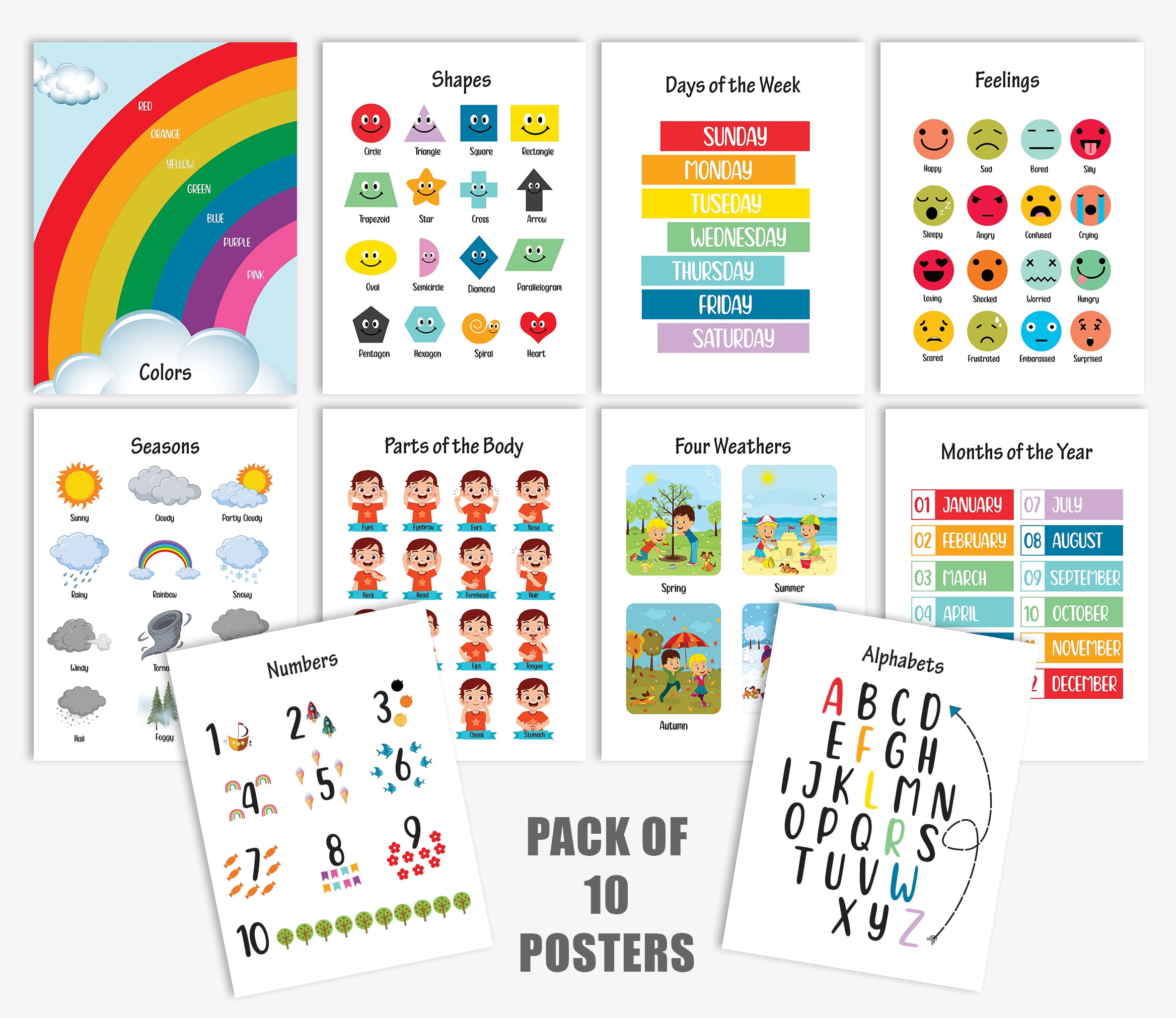 Traceease 10 Educational Posters for Classroom Decor & Kindergarten Homeschool Supplies Baby, Laminated Preschool Learning Chart Materials - ABC Alphabet, Numbers, Shapes,Feelings,Weathers
