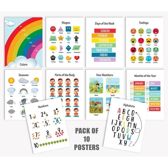 Traceease 10 Educational Posters for Classroom Decor & Kindergarten Homeschool Supplies Baby, Laminated Preschool Learning Chart Materials - ABC Alphabet, Numbers, Shapes,Feelings,Weathers