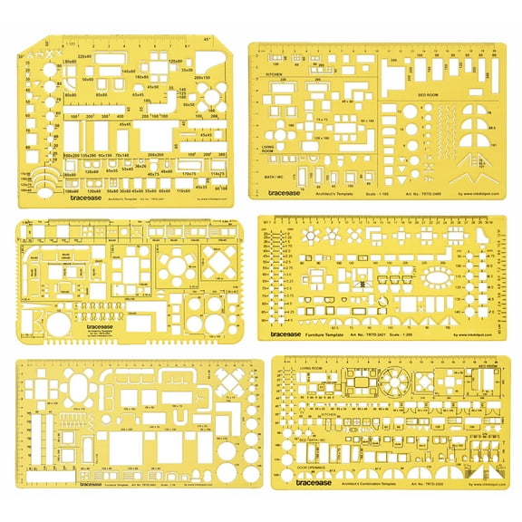Traceease 6 Pieces, House Plan- Interior Design & Furniture Templates For Kitchen/Bed/Bath- Drafting Tools- Architecture Stencils