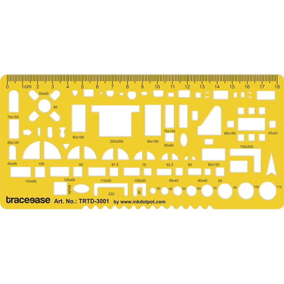 Traceease Architectural Drafting Stencil with Metric Ruler, Floor Plan Layout Shapes, Door Window Cutouts, Radius Guides & Measurement Markings for Blueprint Drawing and Manual Design