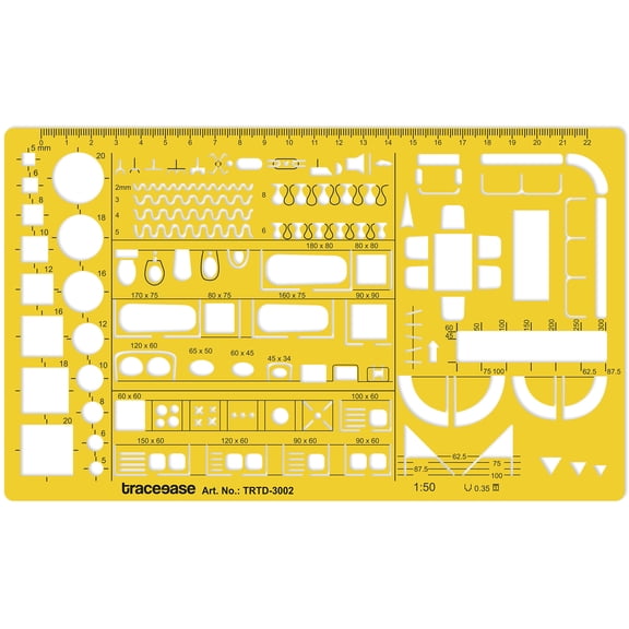 Traceease Architectural Drafting Stencil with Metric Scale, Furniture Layout Symbols, Plumbing Fixture Shapes, Room Planning Cutouts & Radius Guides for Floor Plan Drawing and Manual Blueprint Design