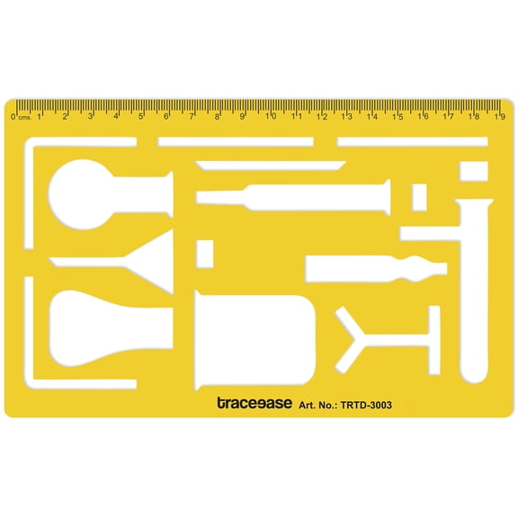 Traceease Chemistry Laboratory Apparatus Drafting Stencil with Beaker, Flask, Test Tube, Funnel and Measuring Scale for Chemical Diagrams, Science Illustrations and Educational Drawing Work