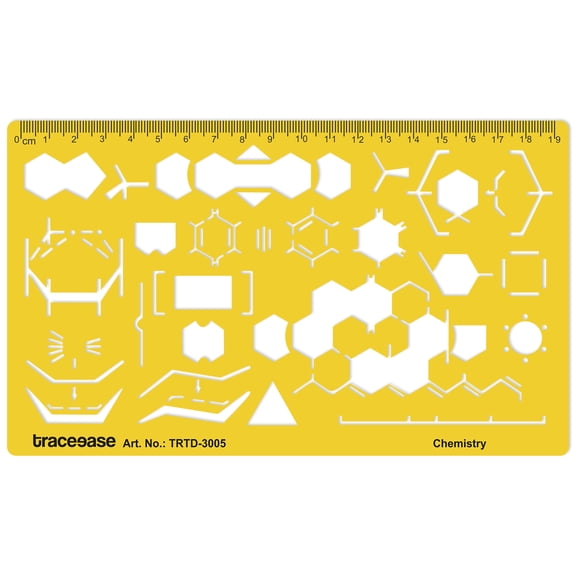 Traceease Chemistry Molecular Structure Drafting Stencil with Hexagonal Rings, Bond Lines, Reaction Arrows and Measurement Scale for Chemical Formula Diagrams and Lab Notation Drawing