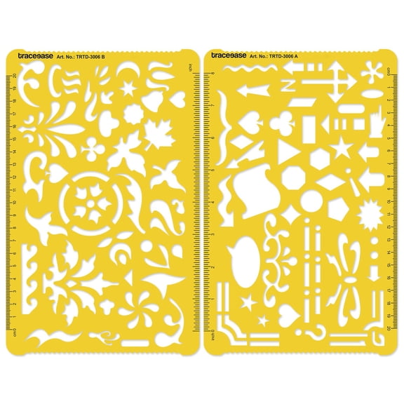 Traceease Decorative Design Stencil 2 Pcs Set with Floral Motifs, Borders, Arrows, Geometric Shapes & Measurement Rulers for Art Illustration, Craft Layouts, Manual Drawing and Creative Pattern Work