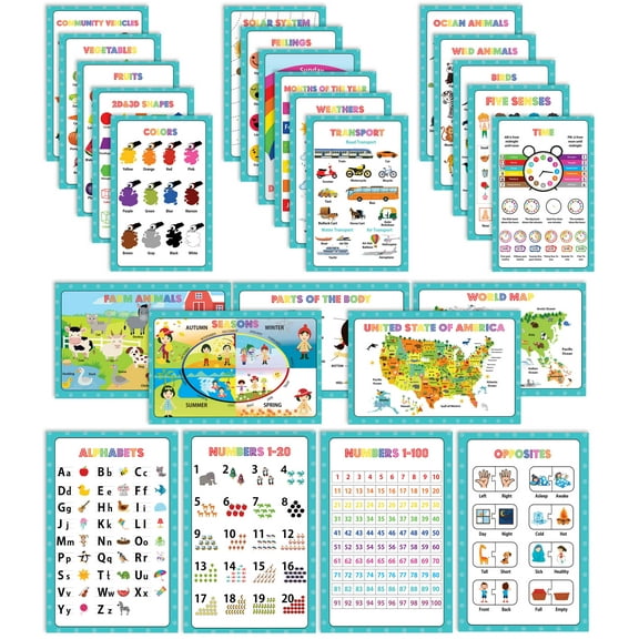 Traceease Educational Poster For Elementary School, Pack Of 25 Laminated Kids Learning Posters USA & World Maps- Solar System- Math & more - Great for Classroom/ HomeSchool- Room Dcor-FK