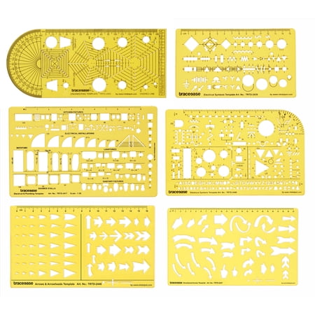 Traceease Engineering, Electrical & Arrow Multi-Pattern Template Stencil Drafting Tools- Pack of 6 Pieces