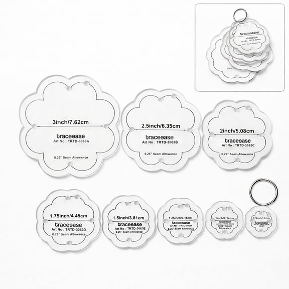Traceease Floral Quilting Templates Set 8 Pcs, 4mm Clear Acrylic Sewing and Patchwork Templates 0.75 to 3 Inch ideal for Accurate Fabric Cutting, Alignment, DIY Craft Sewing Projects, Applique, EPP